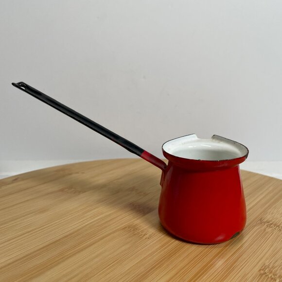 Vintage Red White Enamel Melting Pot Enamelware Butter Syrup Turkish Coffee - Picture 3 of 5
